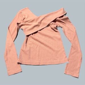 Off Shoulder Sweater Salmon Pink small top comfy asymmetrical design fold over